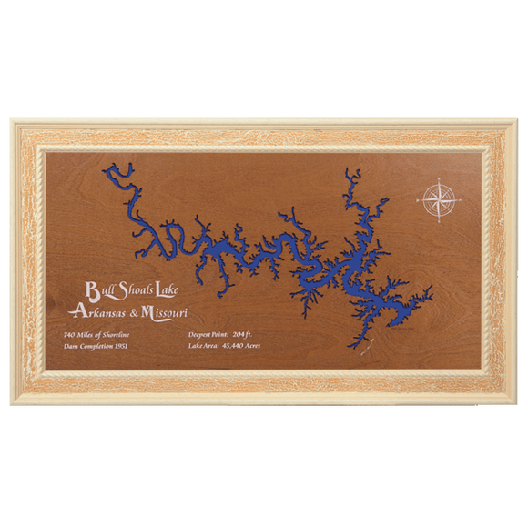 Bull Shoals Lake, Arkansas and Missouri Stained Wood and Distressed White Frame Lake Map Silhouette