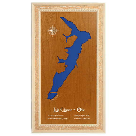 Lake Choctaw, Ohio Stained Wood and Distressed White Frame Lake Map Silhouette