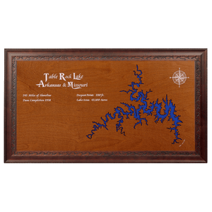 Table Rock Lake, Arkansas and Missouri Stained Wood and Dark Walnut Frame Lake Map Silhouette