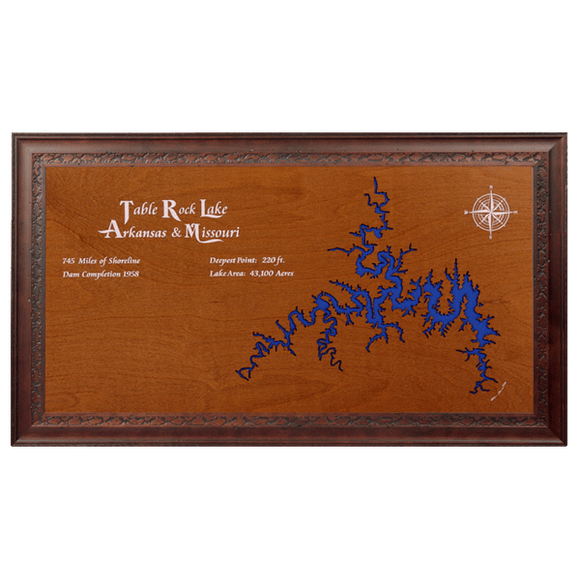 Table Rock Lake, Arkansas and Missouri Stained Wood and Dark Walnut Frame Lake Map Silhouette