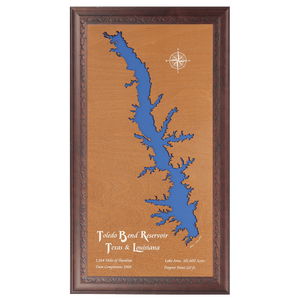 Toledo Bend Reservoir, Texas and Louisiana Stained Wood and Dark Walnut Frame Lake Map Silhouette