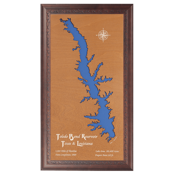Toledo Bend Reservoir, Texas and Louisiana Stained Wood and Dark Walnut Frame Lake Map Silhouette