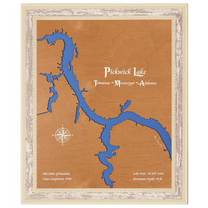 Pickwick Lake, Tennessee - Mississippi - Alabama Stained Wood and Distressed White Frame Lake Map Silhouette