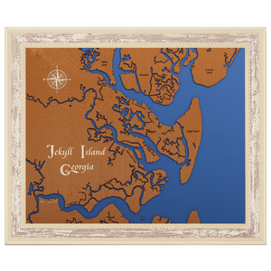 Jekyll Island, Georgia Stained Wood and Distressed White Frame Lake Map Silhouette