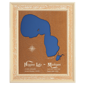 Higgins Lake, Michigan Stained Wood and Distressed White Frame Lake Map Silhouette