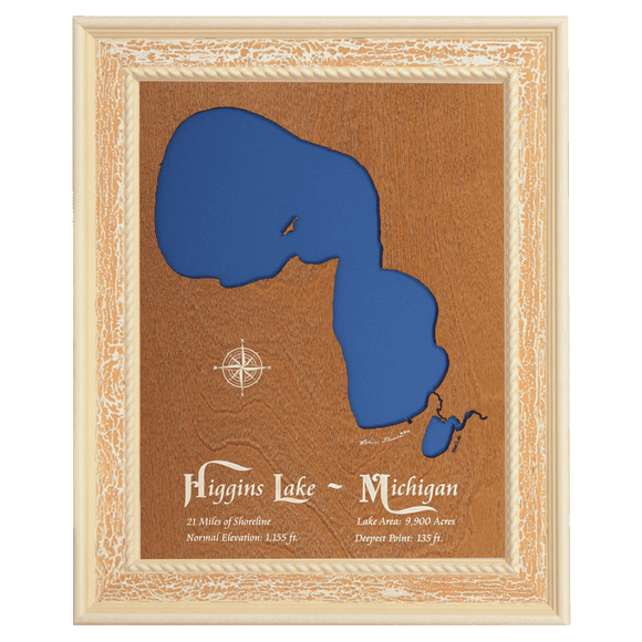 Higgins Lake, Michigan Stained Wood and Distressed White Frame Lake Map Silhouette