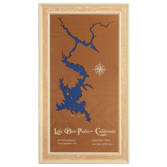 Lake Don Pedro, California Stained Wood and Distressed White Frame Lake Map Silhouette