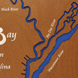 Winyah Bay, South Carolina Stained Wood and Dark Walnut Frame Lake Map Silhouette