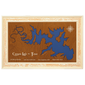Canyon Lake, Texas Stained Wood and Distressed White Frame Lake Map Silhouette