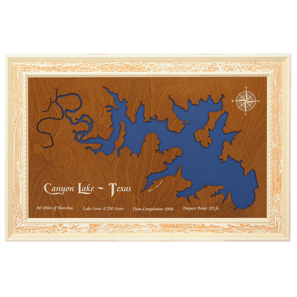 Canyon Lake, Texas Stained Wood and Distressed White Frame Lake Map Silhouette