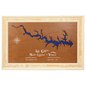 Lake Gaston, North Carolina and Virginia Stained Wood and Distressed White Frame Lake Map Silhouette