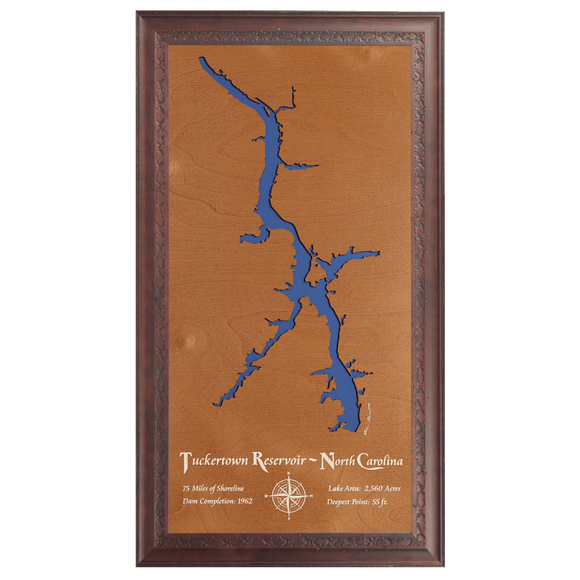 Tuckertown Reservoir, North Carolina Stained Wood and Dark Walnut Frame Lake Map Silhouette