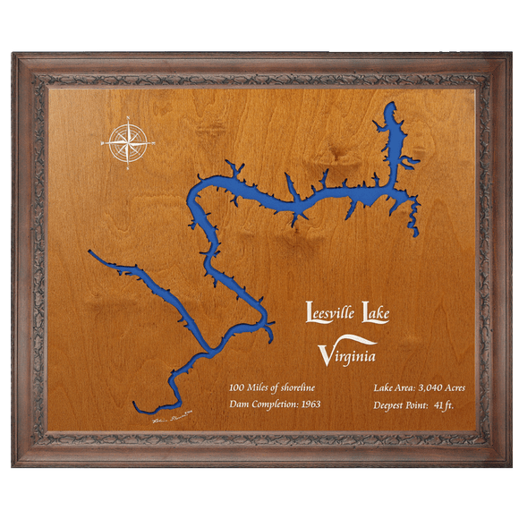 Leesville Lake, Virginia Stained Wood and Dark Walnut Frame Lake Map Silhouette