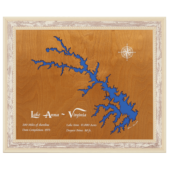 Lake Anna, Virginia Stained Wood and Distressed White Frame Lake Map Silhouette