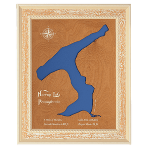 Harveys Lake, Pennsylvania Stained Wood and Distressed White Frame Lake Map Silhouette