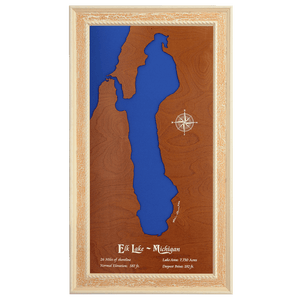 Elk Lake, Michigan Stained Wood and Distressed White Frame Lake Map Silhouette