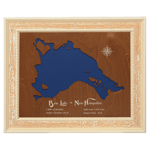 Bow Lake, New Hampshire Stained Wood and Distressed White Frame Lake Map Silhouette