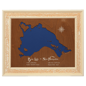 Bow Lake, New Hampshire Stained Wood and Distressed White Frame Lake Map Silhouette