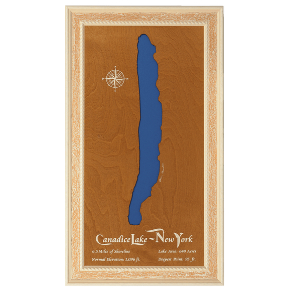Canadice Lake, New York Stained Wood and Distressed White Frame Lake Map Silhouette