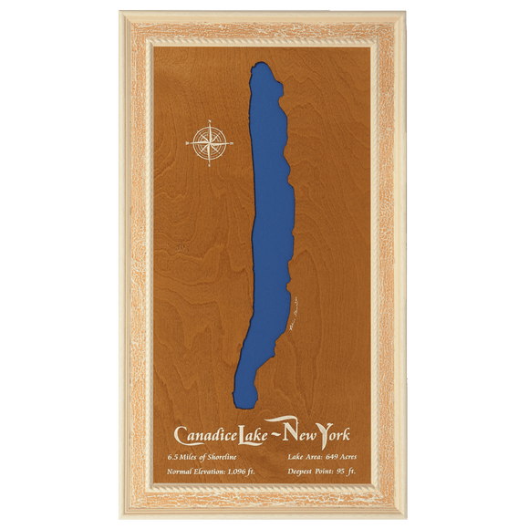 Canadice Lake, New York Stained Wood and Distressed White Frame Lake Map Silhouette