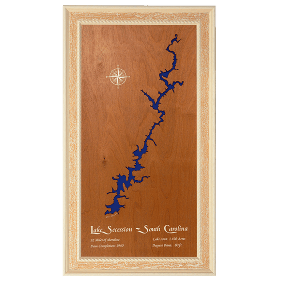 Lake Secession, South Carolina Stained Wood and Distressed White Frame Lake Map Silhouette