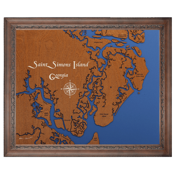 Saint Simons Island, Georgia Stained Wood and Dark Walnut Frame Lake Map Silhouette