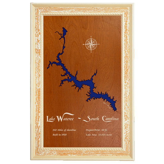 Lake Wateree, South Carolina Stained Wood and Distressed White Frame Lake Map Silhouette