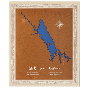 Lake Berryessa, California Stained Wood and Distressed White Frame Lake Map Silhouette