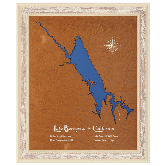 Lake Berryessa, California Stained Wood and Distressed White Frame Lake Map Silhouette