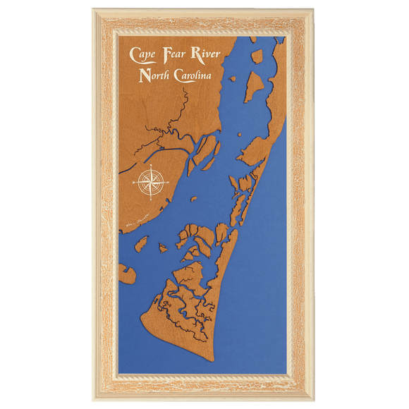 Cape Fear River, North Carolina Stained Wood and Distressed White Frame Lake Map Silhouette
