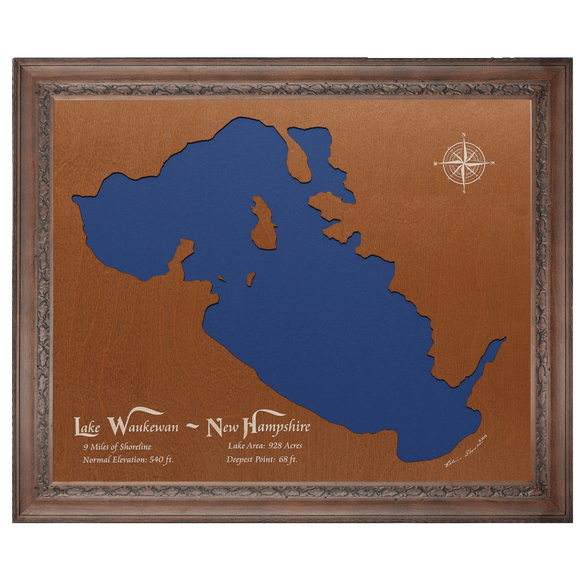 Lake Waukewan, New Hampshire Stained Wood and Dark Walnut Frame Lake Map Silhouette