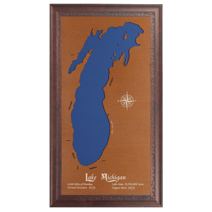 Lake Michigan, Michigan, Wisconsin, Illinois, and Indiana Stained Wood and Dark Walnut Frame Lake Map Silhouette