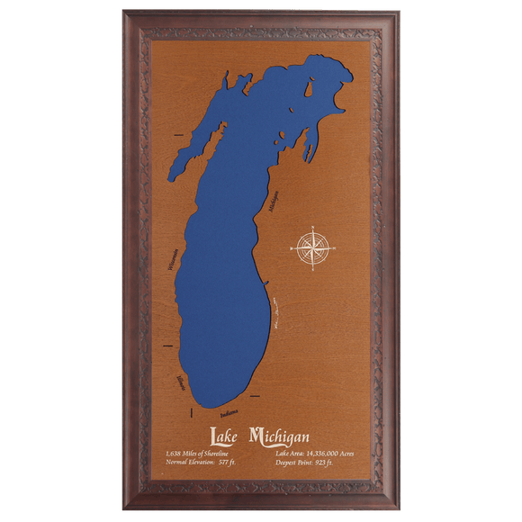 Lake Michigan, Michigan, Wisconsin, Illinois, and Indiana Stained Wood and Dark Walnut Frame Lake Map Silhouette