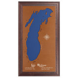 Lake Michigan, Michigan, Wisconsin, Illinois, and Indiana Stained Wood and Dark Walnut Frame Lake Map Silhouette