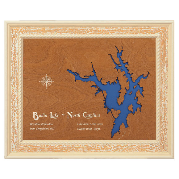 Badin Lake, North Carolina Stained Wood and Distressed White Frame Lake Map Silhouette