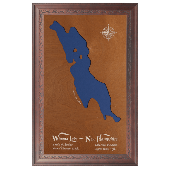 Winona Lake, New Hampshire Stained Wood and Dark Walnut Frame Lake Map Silhouette