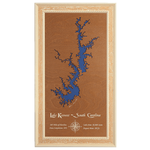 Lake Keowee, South Carolina Stained Wood and Distressed White Frame Lake Map Silhouette