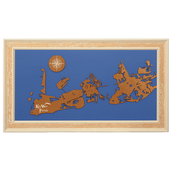 Key West, Florida Stained Wood and Distressed White Frame Lake Map Silhouette
