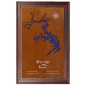 Philpott Lake, Virginia Stained Wood and Dark Walnut Frame Lake Map Silhouette