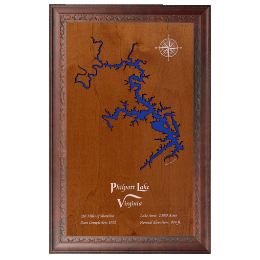 Philpott Lake, Virginia Stained Wood and Dark Walnut Frame Lake Map Silhouette