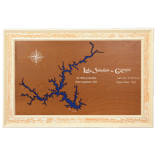 Lake Sinclair, Georgia Stained Wood and Distressed White Frame Lake Map Silhouette