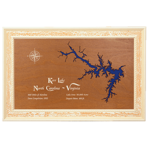 Kerr Lake, North Carolina and Virginia Stained Wood and Distressed White Frame Lake Map Silhouette