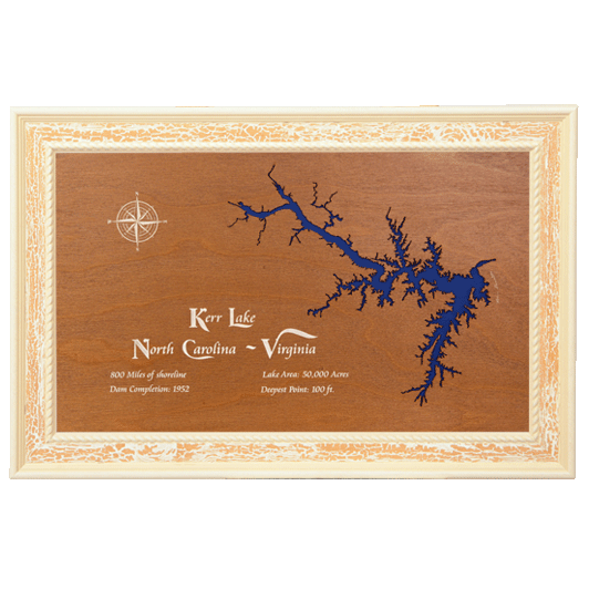 Kerr Lake, North Carolina and Virginia Stained Wood and Distressed White Frame Lake Map Silhouette
