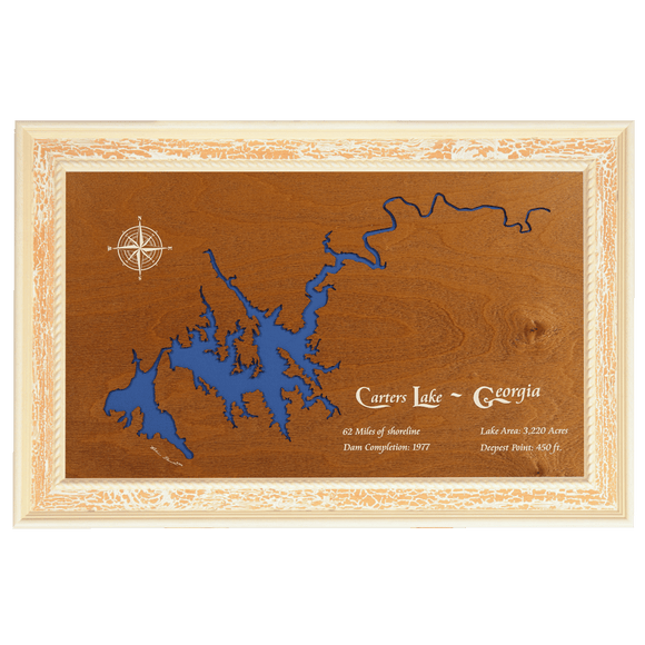 Carters Lake, Georgia Stained Wood and Distressed White Frame Lake Map Silhouette
