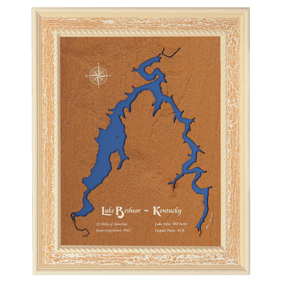 Lake Beshear, Kentucky Stained Wood and Distressed White Frame Lake Map Silhouette