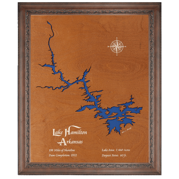 Lake Hamilton, Arkansas Stained Wood and Dark Walnut Frame Lake Map Silhouette