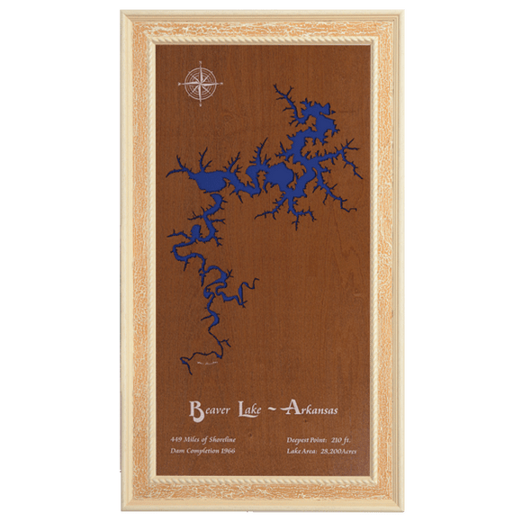 Beaver Lake, Arkansas Stained Wood and Distressed White Frame Lake Map Silhouette