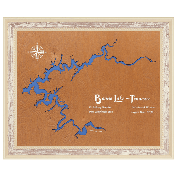 Boone Lake, Tennessee Stained Wood and Distressed White Frame Lake Map Silhouette