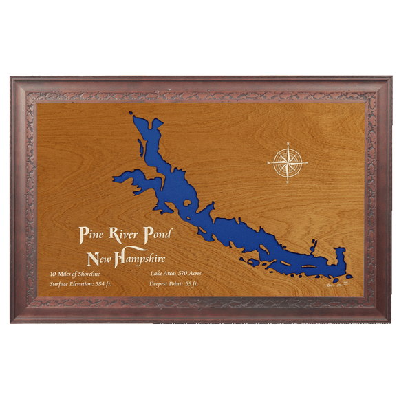 Pine River Pond, New Hampshire Stained Wood and Dark Walnut Frame Lake Map Silhouette