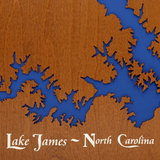Lake James, North Carolina Stained Wood and Dark Walnut Frame Lake Map Silhouette